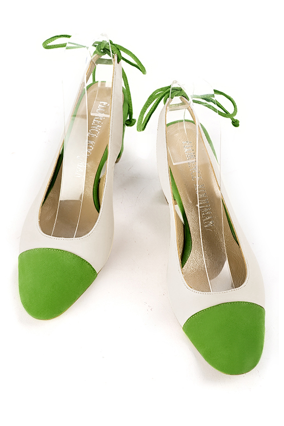 Grass green and off white women's slingback shoes. Round toe. Medium block heels. Top view - Florence KOOIJMAN